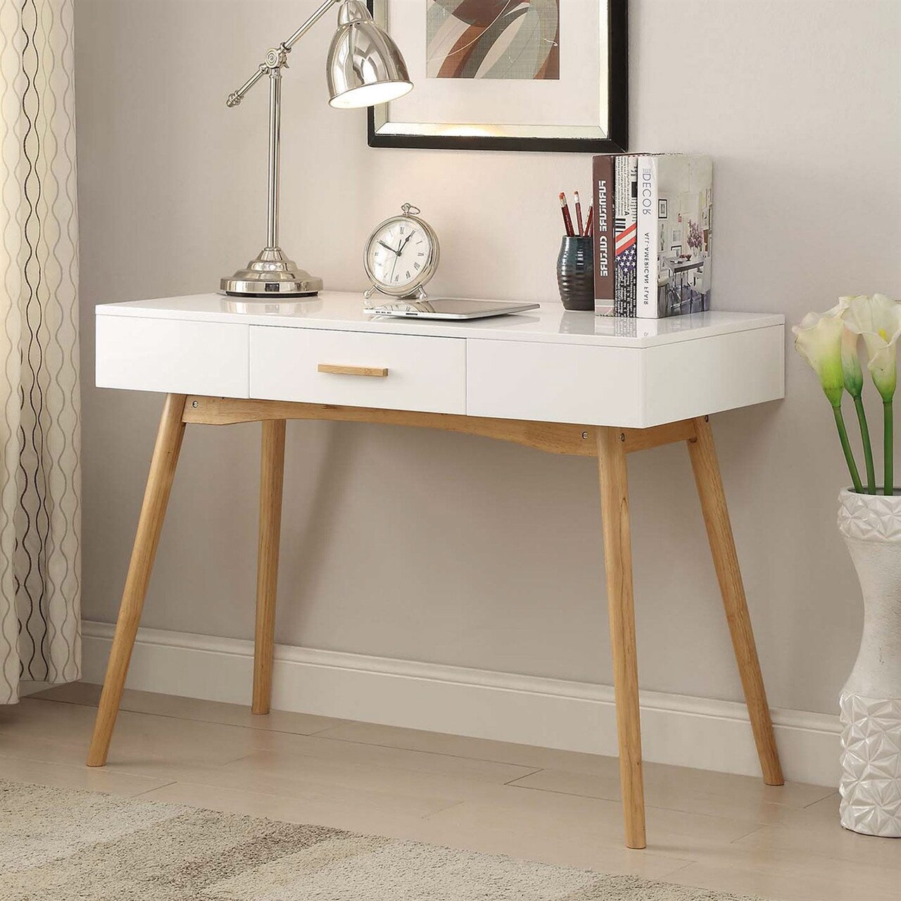 White Modern Laptop Writing Desk with Natural Mid-Century Legs and Storage Drawer